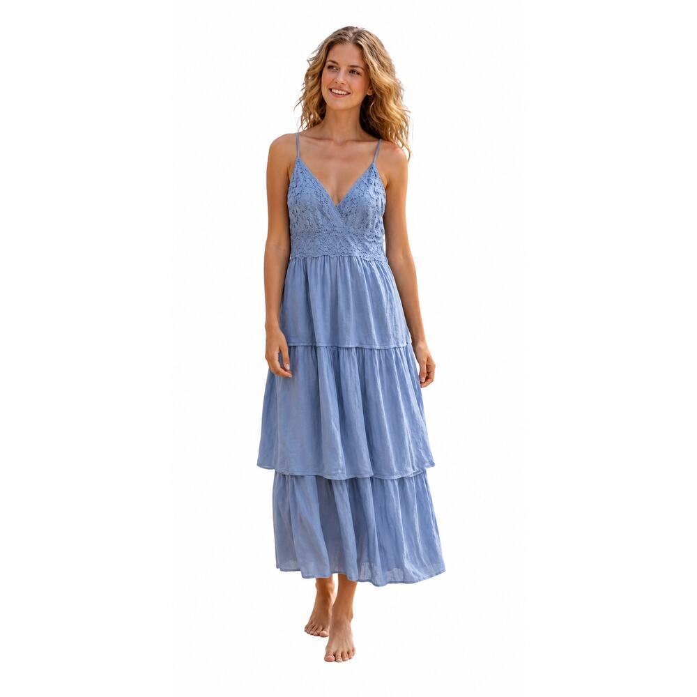 Rebellion Again Blue Tiered Lace Midi Dress NWT Size Large Boho Cottagecore